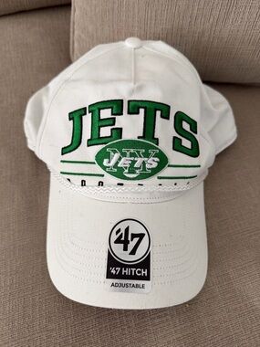 47 White New York Jets Hat with Green Undervisor and Black Sweatband